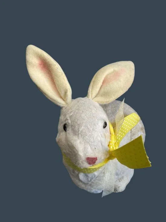 Vintage Flocked Easter Bunny Rabbit Yellow Ribbon 8" Decor Spring Display Worn - Picture 9 of 9